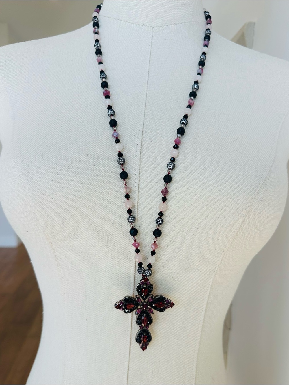Sterling Silver Cross Necklace Pearl Knotted semi precious beads